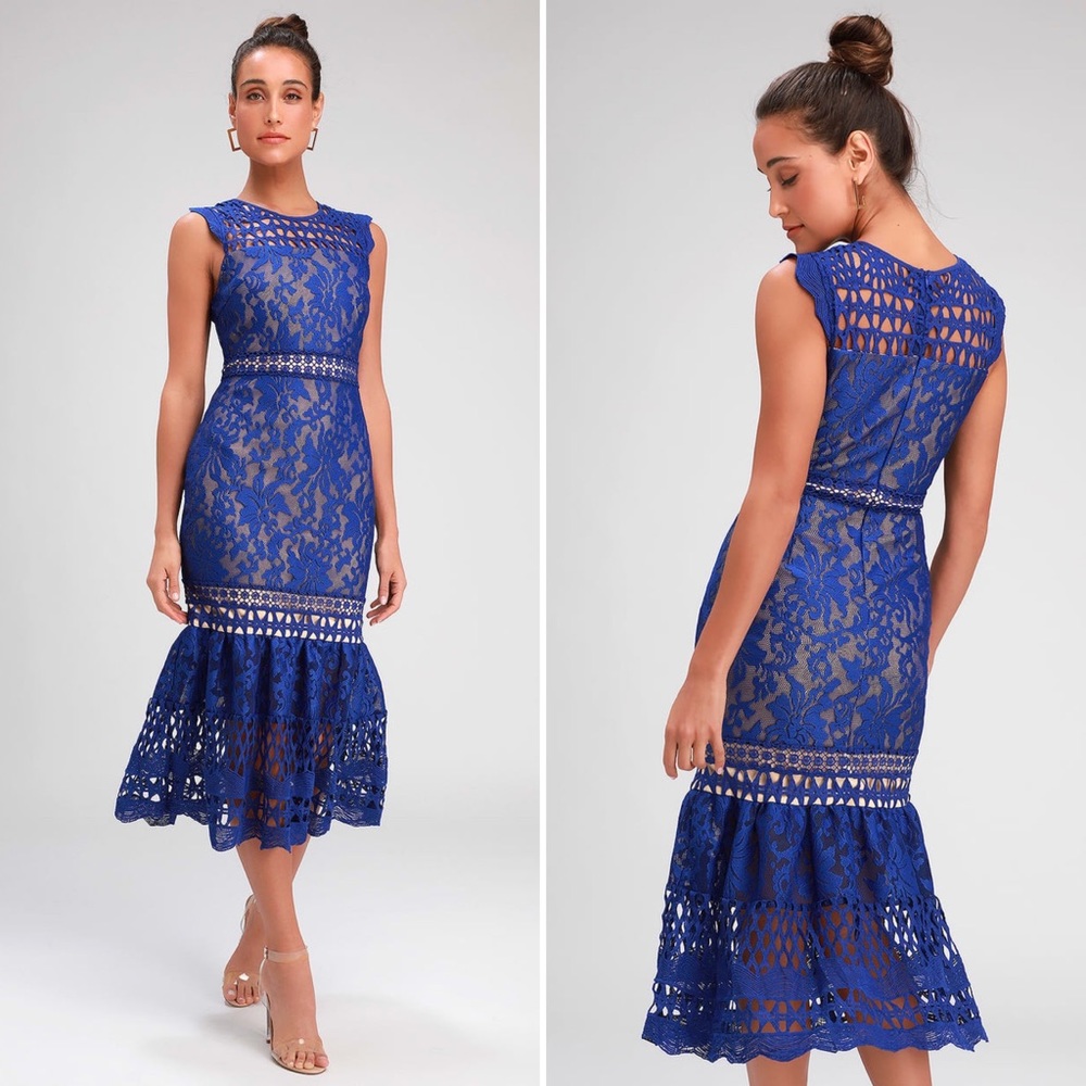 lulu’s | charlee cobalt blue lace midi trumpet dress l